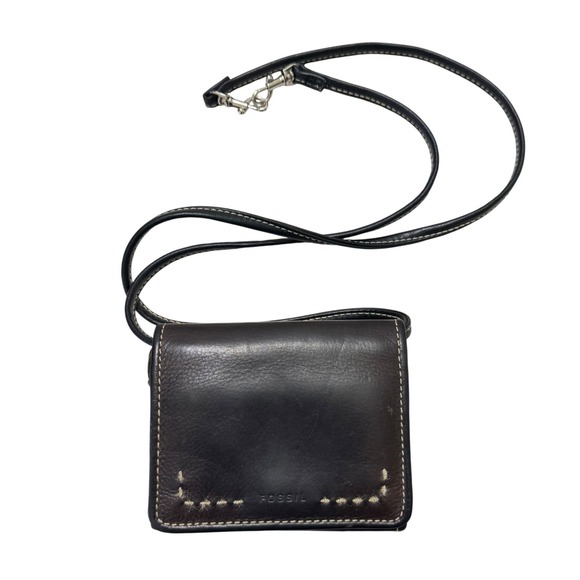 Fossil Handbags - Fossil Wallet Crossbody Bag Womens Small Dark Brown Leather Good Whipstitch